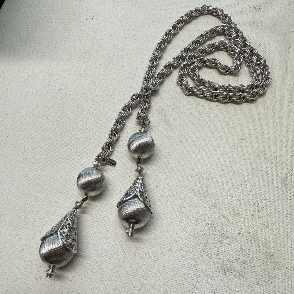 Vintage Monet Bolero Lariat Filigree Tassel Silver Tone Chain Necklace EUC!